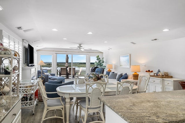 3328 Ocean Dr Unit 3328, Avalon, NJ 08202 - dining space featuring wood finished floors, a ceiling fan, vaulted ceiling, and recessed lighting