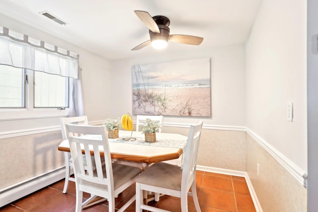 dining room featuring a baseboard radiator, visible vents, ceiling fan, baseboards, and tile patterned flooring