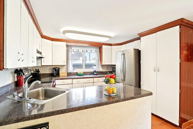 kitchen with a sink, under cabinet range hood, a peninsula, dark countertops, and freestanding refrigerator