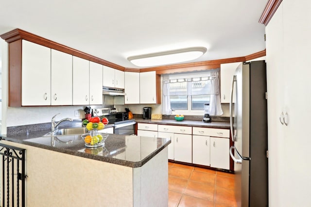 kitchen featuring under cabinet range hood, appliances with stainless steel finishes, white cabinets, a sink, and a peninsula