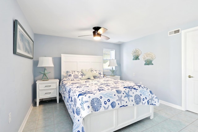 bedroom featuring baseboards, visible vents, and light tile patterned floors