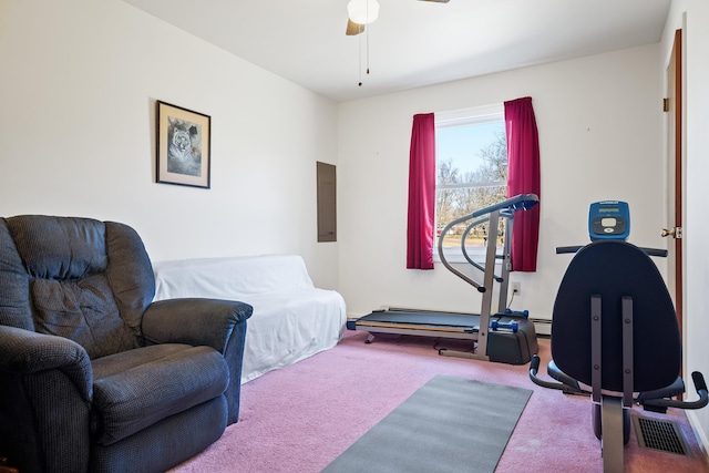 bedroom featuring ceiling fan and carpet floors