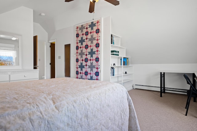 carpeted bedroom with a wall mounted AC, a baseboard radiator, vaulted ceiling, and ceiling fan