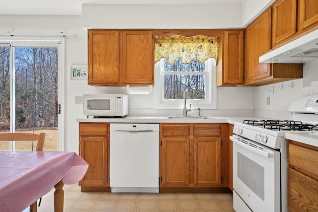 kitchen with white appliances, sink, and extractor fan