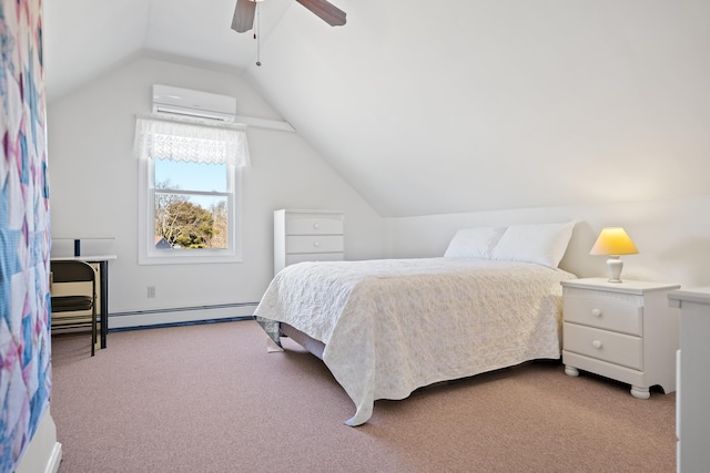 bedroom featuring lofted ceiling, light carpet, a wall mounted AC, ceiling fan, and a baseboard radiator