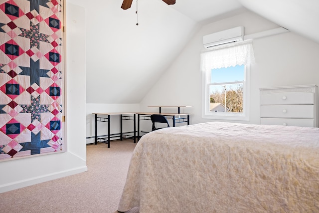 carpeted bedroom featuring a wall unit AC, ceiling fan, vaulted ceiling, and baseboard heating