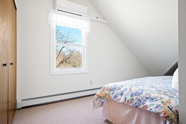 bedroom featuring a wall unit AC, carpet flooring, lofted ceiling, and baseboard heating