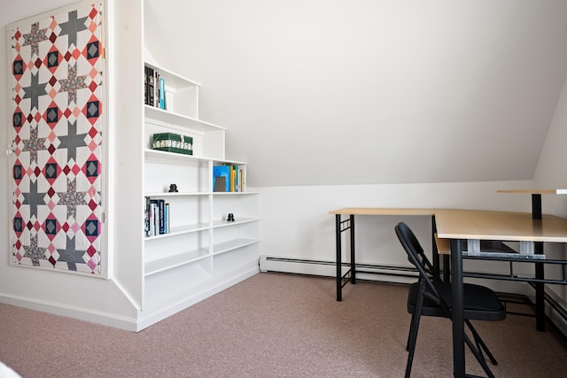 office with carpet flooring, a baseboard radiator, and lofted ceiling