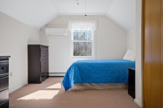 bedroom featuring vaulted ceiling, an AC wall unit, light carpet, and a baseboard radiator