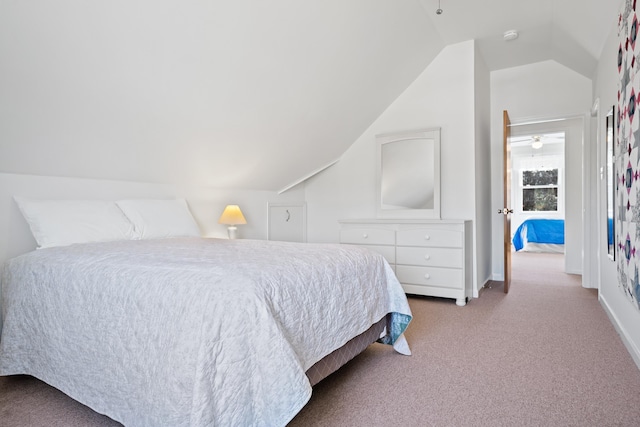 bedroom with lofted ceiling and carpet floors