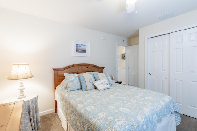 bedroom featuring carpet flooring, ceiling fan, and a closet