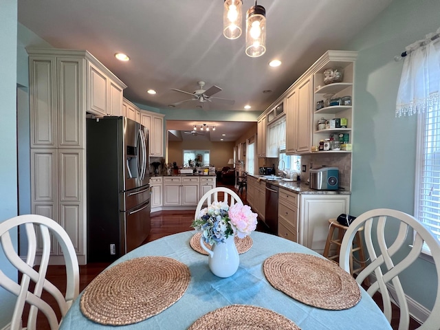 48 Wynndemere Ct, Cape May Court House, NJ 08210 - kitchen featuring stainless steel appliances, ceiling fan, open shelves, healthy amount of natural light, and recessed lighting