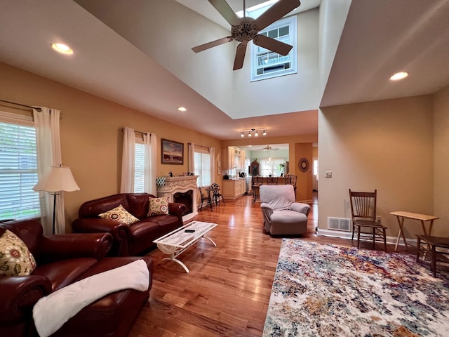 48 Wynndemere Ct, Cape May Court House, NJ 08210 - living room featuring a ceiling fan, light wood-style flooring, recessed lighting, a high ceiling, and baseboards