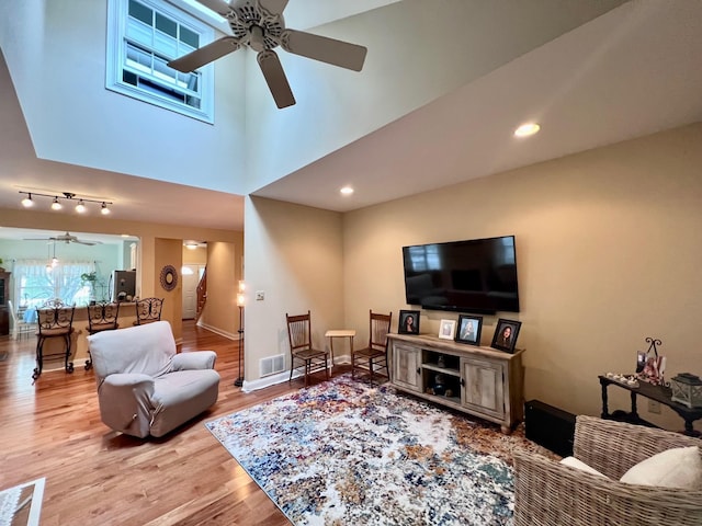 48 Wynndemere Ct, Cape May Court House, NJ 08210 - living room with ceiling fan, wood finished floors, baseboards, a towering ceiling, and recessed lighting