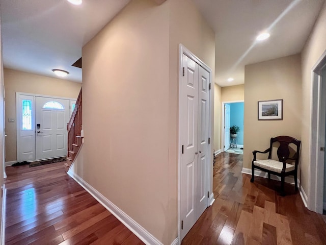 48 Wynndemere Ct, Cape May Court House, NJ 08210 - entrance foyer featuring dark wood finished floors, baseboards, recessed lighting, and stairs
