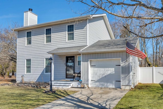 view of front of house featuring aphalt driveway, a chimney, an attached garage, a front yard, and fence