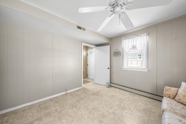 28 89th St, Sea Isle City, NJ 08243 - unfurnished living room featuring visible vents, baseboards, a ceiling fan, and a baseboard radiator