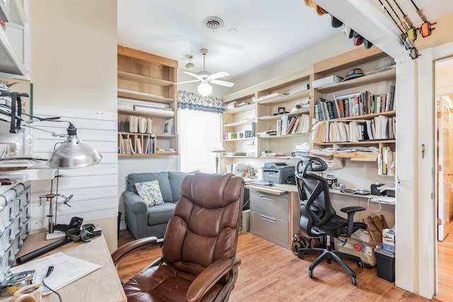 office area featuring ceiling fan and light hardwood / wood-style floors