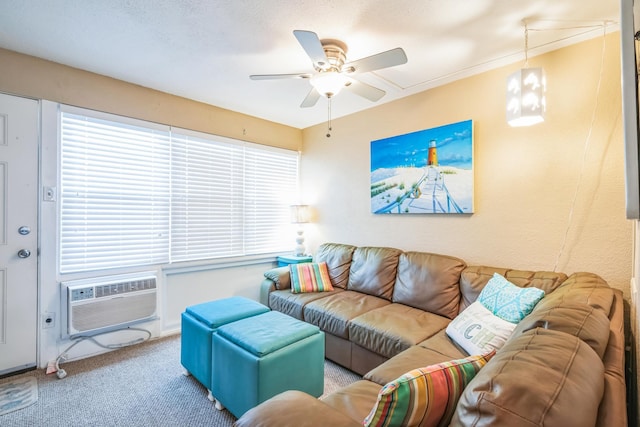 carpeted living room featuring a wall mounted air conditioner and ceiling fan