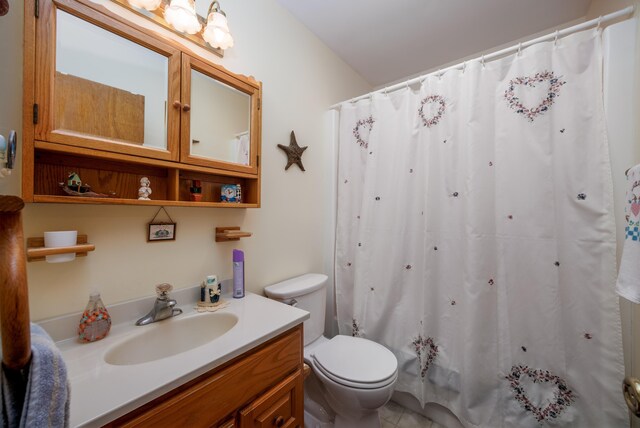 bathroom featuring vanity, a shower with shower curtain, and toilet