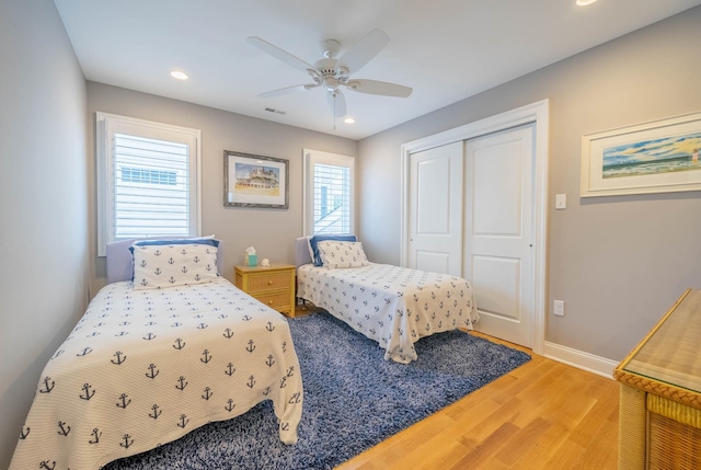 254 89th St Unit 1, Stone Harbor, NJ 08247 - bedroom with a closet, light wood-style flooring, baseboards, a ceiling fan, and recessed lighting