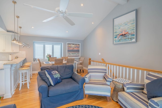 254 89th St Unit 1, Stone Harbor, NJ 08247 - living room with lofted ceiling, light wood finished floors, ceiling fan, and recessed lighting
