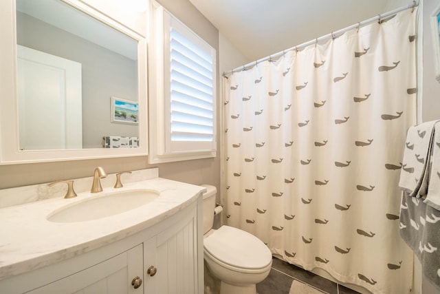 254 89th St Unit 1, Stone Harbor, NJ 08247 - full bathroom with toilet, vanity, a shower with shower curtain, and tile patterned floors