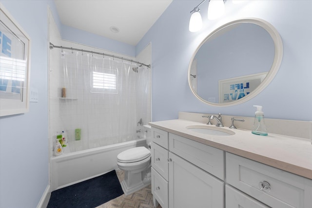 full bathroom featuring parquet floors, shower / bath combo with shower curtain, vanity, and toilet