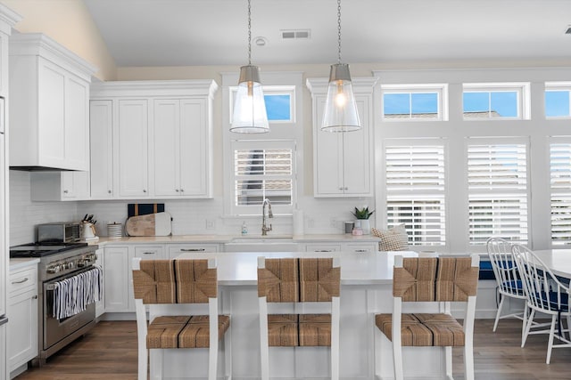 kitchen with white cabinets, high end stainless steel range, and a breakfast bar area