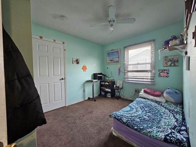 carpeted bedroom featuring ceiling fan