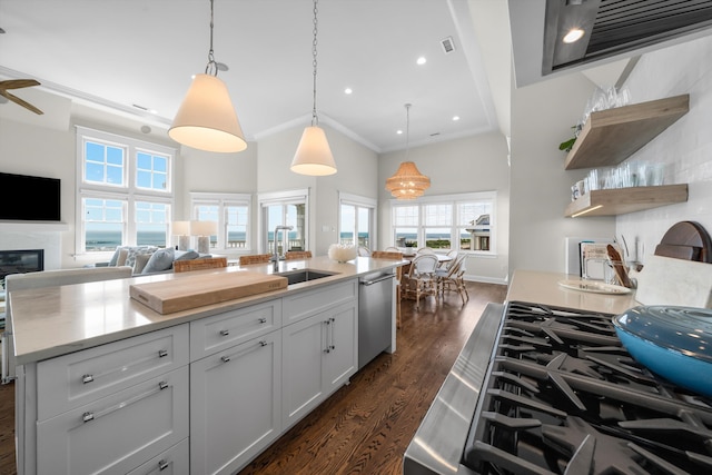 1 108th St, Stone Harbor, NJ 08247 - kitchen featuring stainless steel dishwasher, open floor plan, light countertops, high vaulted ceiling, and recessed lighting