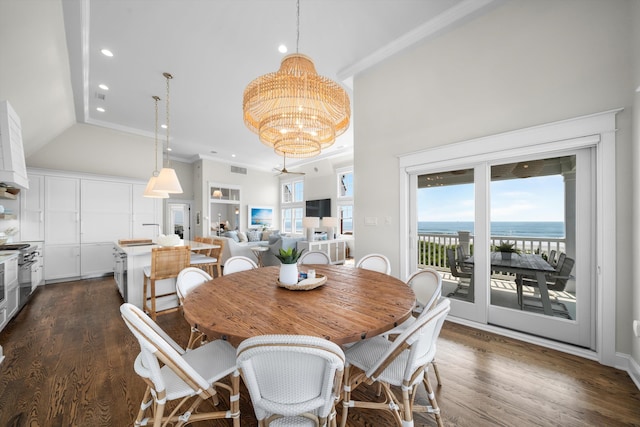 1 108th St, Stone Harbor, NJ 08247 - dining room with a chandelier, ornamental molding, dark wood-style floors, recessed lighting, and high vaulted ceiling