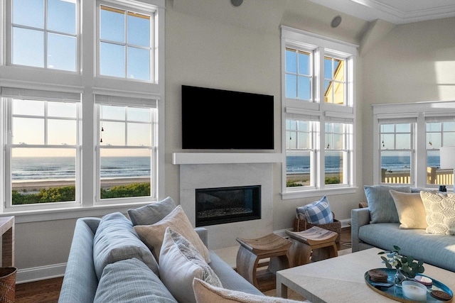 1 108th St, Stone Harbor, NJ 08247 - living room featuring a glass covered fireplace, dark wood-style flooring, and ornamental molding