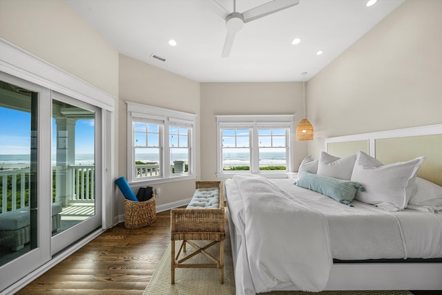 1 108th St, Stone Harbor, NJ 08247 - bedroom featuring access to outside, dark wood-style floors, recessed lighting, a water view, and ceiling fan