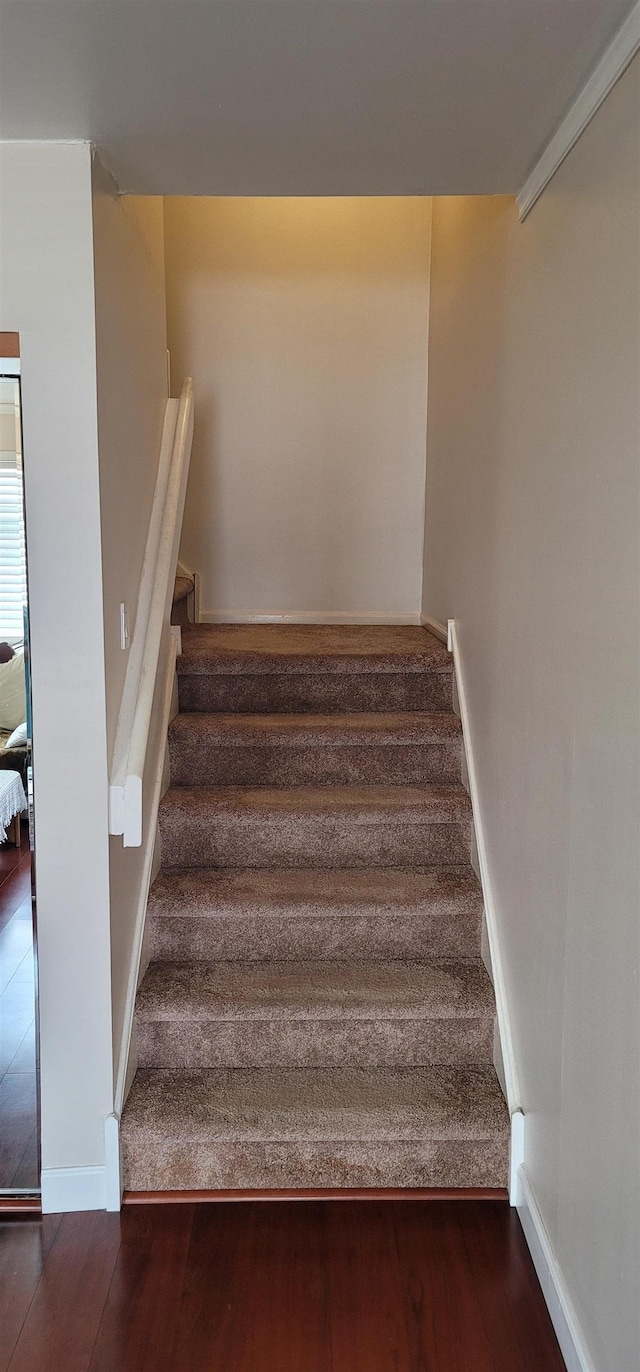 stairs featuring hardwood / wood-style floors