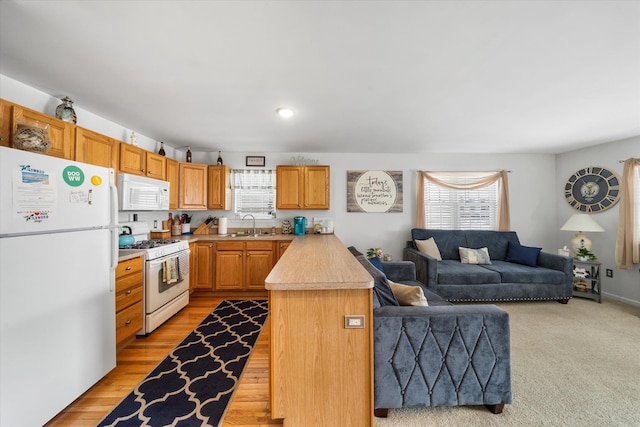 kitchen featuring white appliances, plenty of natural light, open floor plan, and light countertops