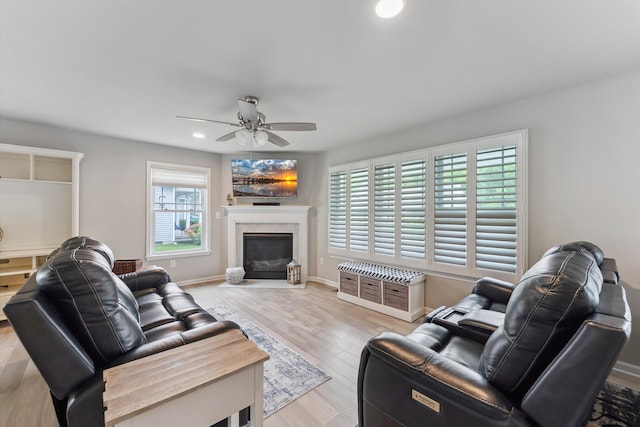 19 Canterbury Way, Cape May Court House, NJ 08210 - living room featuring ceiling fan, a glass covered fireplace, wood finished floors, recessed lighting, and baseboards