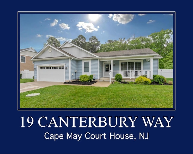 19 Canterbury Way, Cape May Court House, NJ 08210 - view of front of house featuring a porch, an attached garage, concrete driveway, board and batten siding, and a shingled roof
