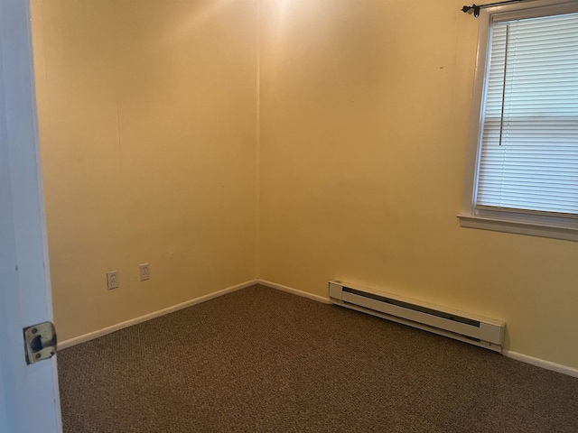 unfurnished room with dark carpet and a baseboard radiator