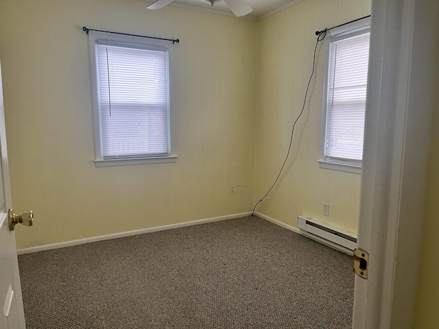 empty room with carpet flooring, ceiling fan, and baseboard heating