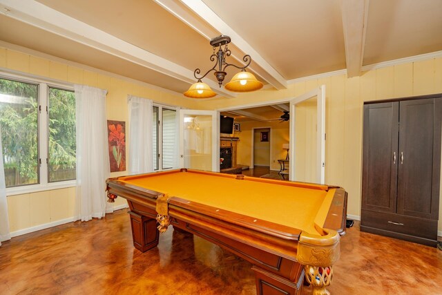 5 Edwards Ter, Seaville, NJ 08230 - rec room with beamed ceiling, billiards, a ceiling fan, and concrete floors