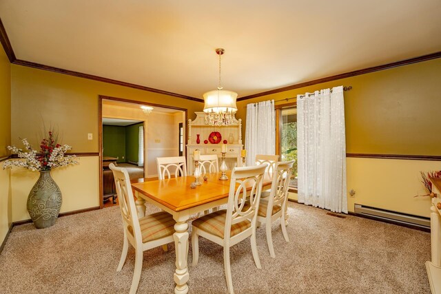 5 Edwards Ter, Seaville, NJ 08230 - dining area with a baseboard radiator, a chandelier, light carpet, and crown molding