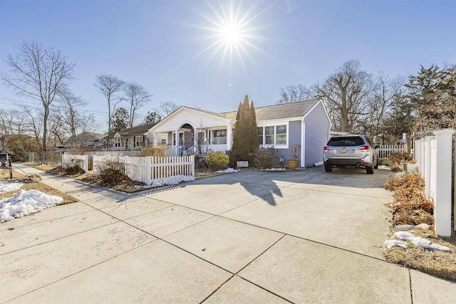 view of front facade featuring a fenced front yard and concrete driveway