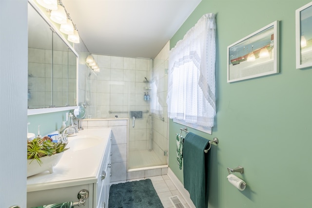 full bathroom with visible vents, a stall shower, tile patterned flooring, and vanity