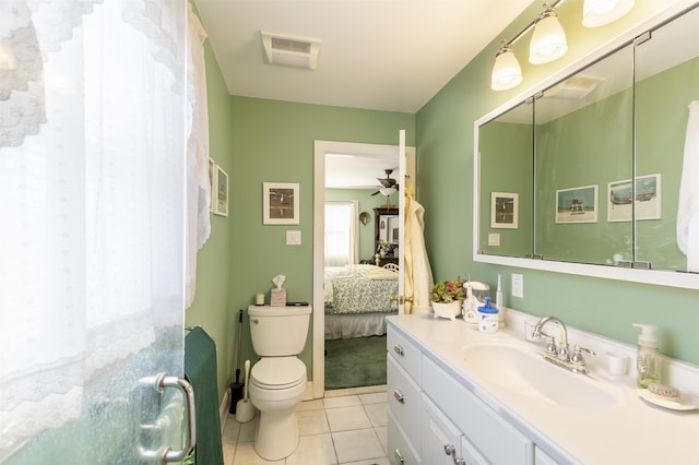 full bath featuring visible vents, toilet, ensuite bathroom, tile patterned flooring, and vanity