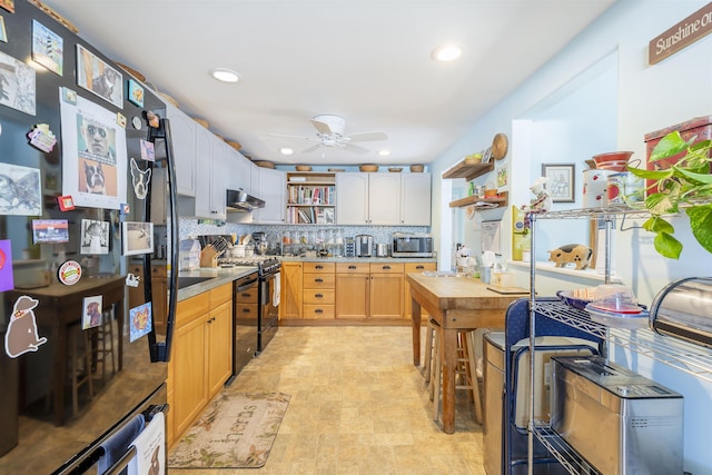 kitchen featuring black appliances, tasteful backsplash, open shelves, and recessed lighting