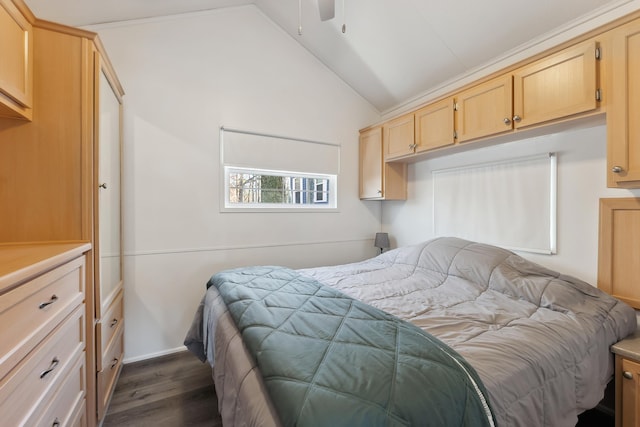 bedroom featuring lofted ceiling and dark wood finished floors