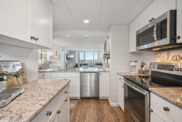 kitchen with appliances with stainless steel finishes, dark wood-type flooring, recessed lighting, white cabinetry, and light stone counters