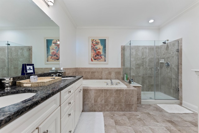 bathroom with vanity, ornamental molding, and plus walk in shower