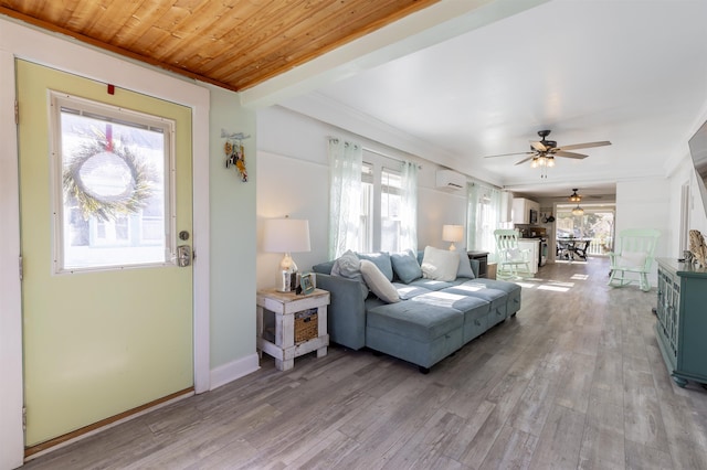 151 Stimpson Ln, West Cape May, NJ 08204 - living room with an AC wall unit, healthy amount of natural light, ceiling fan, crown molding, and light wood-style flooring